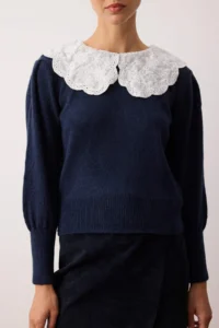 TRENDYOLMİLLA NAVY BLUE Soft textured Shirt Collar Garnished Knitwear Sweater - Image 3