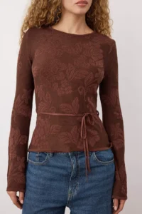 TRENDYOLMİLLA Brown Mercerized Look Rose pattern textured Knitwear Sweater - Image 3