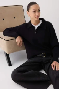 TRENDYOLMİLLA Wardrobe Essentials Black*001 Premium/Special Thread Polo Shirt Collar Knitwear Sweater | - Image 3