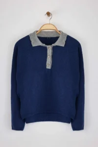 TRENDYOLMİLLA Indigo Soft textured Wide Pattern Knitwear Sweater - Image 5