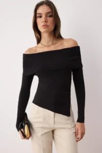 TRENDYOLMİLLA Black Premium Thread/Special Thread Carmen Collar Knitwear Sweater