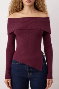 TRENDYOLMİLLA Plum Premium Thread/Special Thread Carmen Collar Knitwear Sweater - Image 3