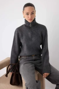TRENDYOLMİLLA Wardrobe Essentials Anthracite Woolly Premium Yarn Zippered Basic Knitwear Sweater |