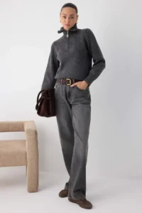 TRENDYOLMİLLA Wardrobe Essentials Anthracite Woolly Premium Yarn Zippered Basic Knitwear Sweater | - Image 2