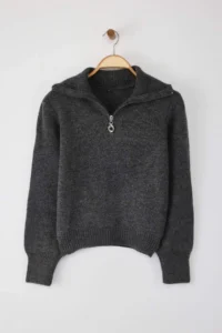 TRENDYOLMİLLA Wardrobe Essentials Anthracite Woolly Premium Yarn Zippered Basic Knitwear Sweater | - Image 5