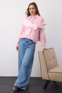 TRENDYOLMİLLA Wardrobe Essentials PINK Woolly Basic Wide Pattern Special Thread Knitwear Sweater | - Image 2