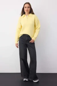 TRENDYOLMİLLA Wardrobe Essentials Yellow Woolly Basic Wide Pattern Special Thread Knitwear Sweater | - Image 2
