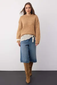 TRENDYOLMİLLA Wardrobe Essentials Camel Soft textured Wide Pattern Basic Knitwear Sweater | - Image 2