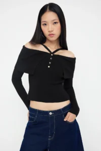 TRENDYOLMİLLA Teen Black Premium Thread/Special Thread Carmen Neck Sleeveless Knitwear Sweater - Image 3