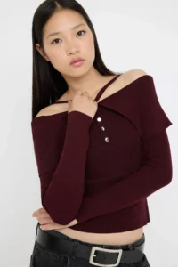 TRENDYOLMİLLA Burgundy Premium Thread/Special Thread Carmen Neck Sleeveless Knitwear Sweater