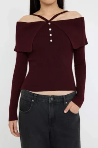 TRENDYOLMİLLA Burgundy Premium Thread/Special Thread Carmen Neck Sleeveless Knitwear Sweater - Image 3