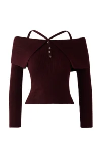 TRENDYOLMİLLA Burgundy Premium Thread/Special Thread Carmen Neck Sleeveless Knitwear Sweater - Image 5
