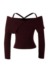TRENDYOLMİLLA Burgundy Premium Thread/Special Thread Carmen Neck Sleeveless Knitwear Sweater - Image 7