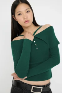 TRENDYOLMİLLA Emerald Green Premium Thread/Special Thread Carmen Neck Sleeveless Knitwear Sweater