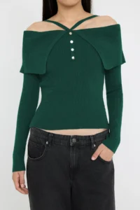 TRENDYOLMİLLA Emerald Green Premium Thread/Special Thread Carmen Neck Sleeveless Knitwear Sweater - Image 3