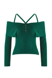 TRENDYOLMİLLA Emerald Green Premium Thread/Special Thread Carmen Neck Sleeveless Knitwear Sweater - Image 5
