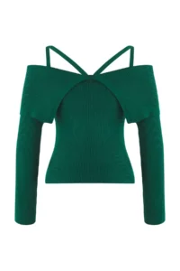 TRENDYOLMİLLA Emerald Green Premium Thread/Special Thread Carmen Neck Sleeveless Knitwear Sweater - Image 6