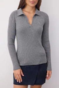 TRENDYOLMİLLA Wardrobe Essentials Anthracite Premium YarnPolo Collar Ribbed Knitwear Sweater | - Image 3