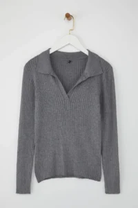 TRENDYOLMİLLA Wardrobe Essentials Anthracite Premium YarnPolo Collar Ribbed Knitwear Sweater | - Image 5