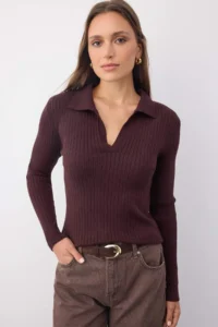 TRENDYOLMİLLA Wardrobe Essentials Brown Premium YarnPolo Collar Ribbed Knitwear Sweater | - Image 2