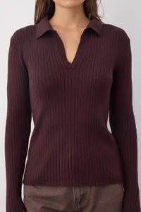 TRENDYOLMİLLA Wardrobe Essentials Brown Premium YarnPolo Collar Ribbed Knitwear Sweater | - Image 3