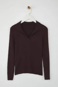 TRENDYOLMİLLA Wardrobe Essentials Brown Premium YarnPolo Collar Ribbed Knitwear Sweater | - Image 5