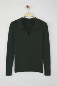 TRENDYOLMİLLA Wardrobe Essentials Emerald Green Premium YarnPolo Collar Ribbed Knitwear Sweater | - Image 5