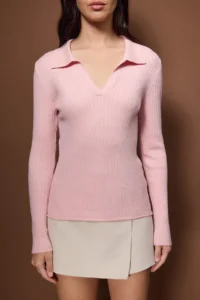 TRENDYOLMİLLA Wardrobe Essentials Powder PINK Premium YarnPolo Collar Ribbed Knitwear Sweater | - Image 3