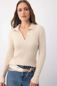 TRENDYOLMİLLA Wardrobe Essentials Stone Premium YarnPolo Collar Ribbed Knitwear Sweater |