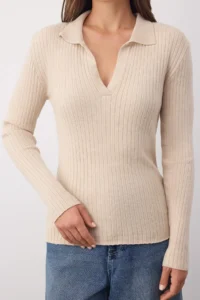 TRENDYOLMİLLA Wardrobe Essentials Stone Premium YarnPolo Collar Ribbed Knitwear Sweater | - Image 3