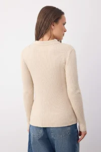 TRENDYOLMİLLA Wardrobe Essentials Stone Premium YarnPolo Collar Ribbed Knitwear Sweater | - Image 4