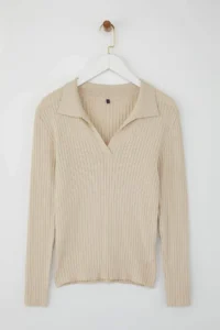 TRENDYOLMİLLA Wardrobe Essentials Stone Premium YarnPolo Collar Ribbed Knitwear Sweater | - Image 5