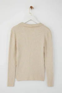 TRENDYOLMİLLA Wardrobe Essentials Stone Premium YarnPolo Collar Ribbed Knitwear Sweater | - Image 6