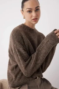 TRENDYOLMİLLA Wardrobe Essentials Mink Alpaka Wool Blended Premium Thread Wide Pattern Knitwear Sweater|
