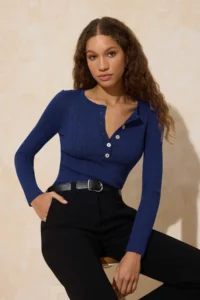 TRENDYOLMİLLA Wardrobe Essentials NAVY BLUE Fitted Ribbed Knitwear Sweater | - Image 2