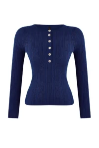 TRENDYOLMİLLA Wardrobe Essentials NAVY BLUE Fitted Ribbed Knitwear Sweater | - Image 5