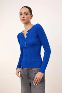TRENDYOLMİLLA Wardrobe Essentials Saks BLUE Fitted Ribbed Knitwear Sweater