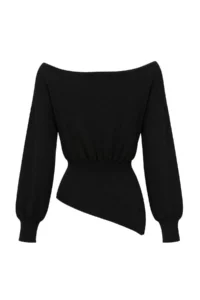 TRENDYOLMİLLA Black Mercerized Look Boat Neck Slit Detailed Knitwear Sweater - Image 3