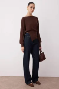 TRENDYOLMİLLA Brown Mercerized Look Boat Neck Slit Detailed Knitwear Sweater - Image 2