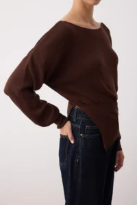 TRENDYOLMİLLA Brown Mercerized Look Boat Neck Slit Detailed Knitwear Sweater - Image 3