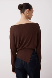 TRENDYOLMİLLA Brown Mercerized Look Boat Neck Slit Detailed Knitwear Sweater - Image 4
