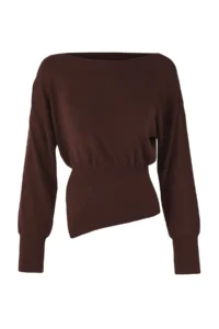 TRENDYOLMİLLA Brown Mercerized Look Boat Neck Slit Detailed Knitwear Sweater - Image 5