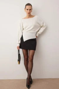 TRENDYOLMİLLA Ecru Mercerized Look Boat Neck Slit Detailed Knitwear Sweater - Image 2