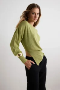 TRENDYOLMİLLA Oil Green Mercerized Look Boat Neck Slit Detailed Knitwear Sweater - Image 2