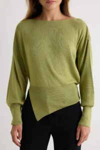 TRENDYOLMİLLA Oil Green Mercerized Look Boat Neck Slit Detailed Knitwear Sweater - Image 3