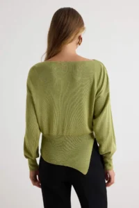 TRENDYOLMİLLA Oil Green Mercerized Look Boat Neck Slit Detailed Knitwear Sweater - Image 4