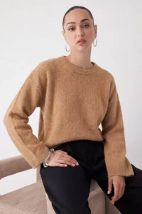 TRENDYOLMİLLA Wardrobe Essentials Camel Soft textured Wide Pattern Basic Knitwear Sweater | - Image 2