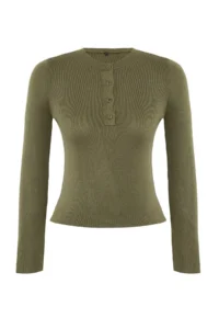 TRENDYOLMİLLA Wardrobe Essentials Khaki Mercerized Look Basic buttoned Knitwear Sweater | - Image 5
