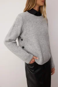 TRENDYOLMİLLA Gray Wide Pattern Soft textured Button Detailed Knitwear Sweater - Image 3