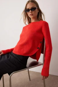 TRENDYOLMİLLA Red Wide Pattern Soft textured Button Detailed Knitwear Sweater